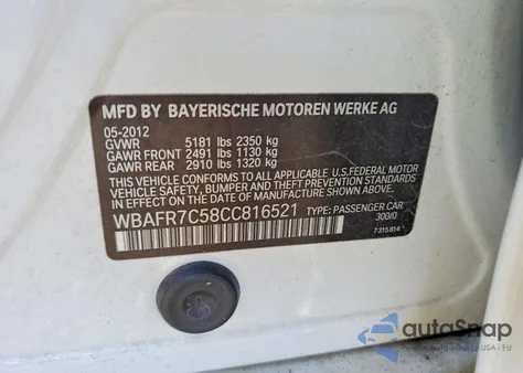 2012 BMW 535 I from USA, damaged, VIN WBAFR7C58CC816521